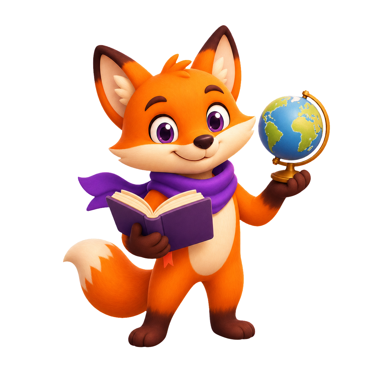 NymFox fox mascot with a book and globe for language names on the Indian Name Generator page
